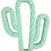 A green cactus shaped teether on a white background.