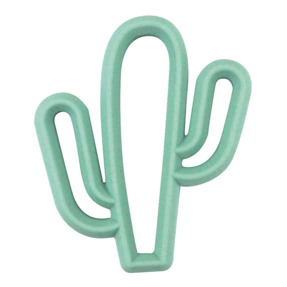 A green cactus shaped teether on a white background.