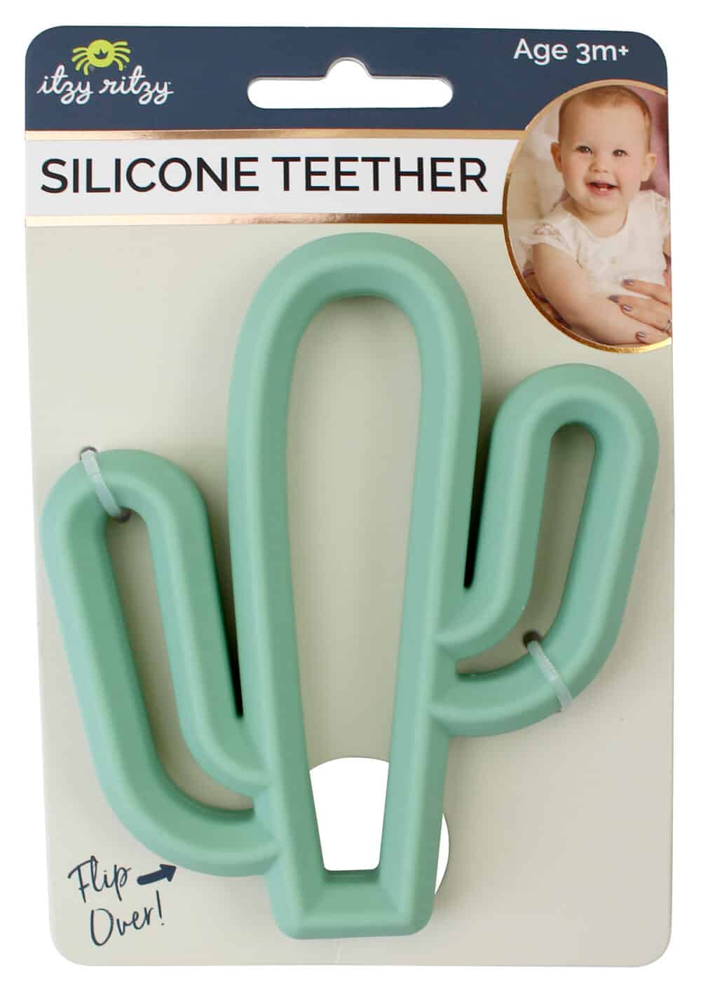 A baby cactus silicone teether in a package.