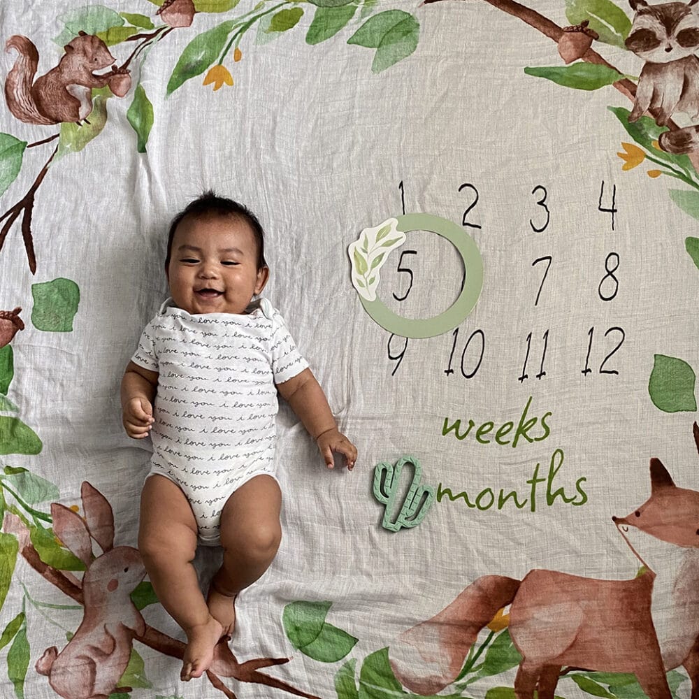 A baby is laying on a blanket with a calendar on it.