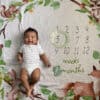 A baby is laying on a blanket with a calendar on it.