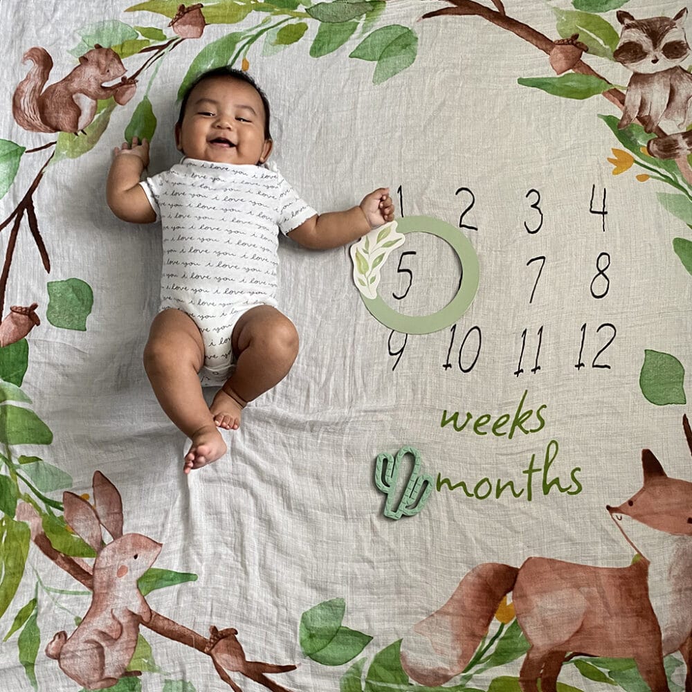 A baby is laying on a blanket with a calendar on it.