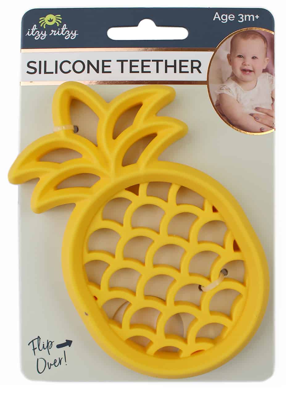 A baby's silicone teether with a pineapple on it.