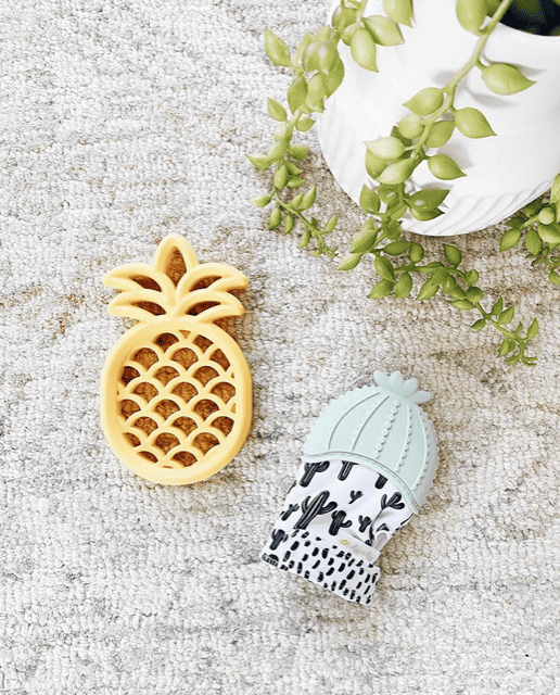 A pineapple and cactus on a rug next to a plant.