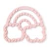 A pink heart shaped teether with hearts on it.