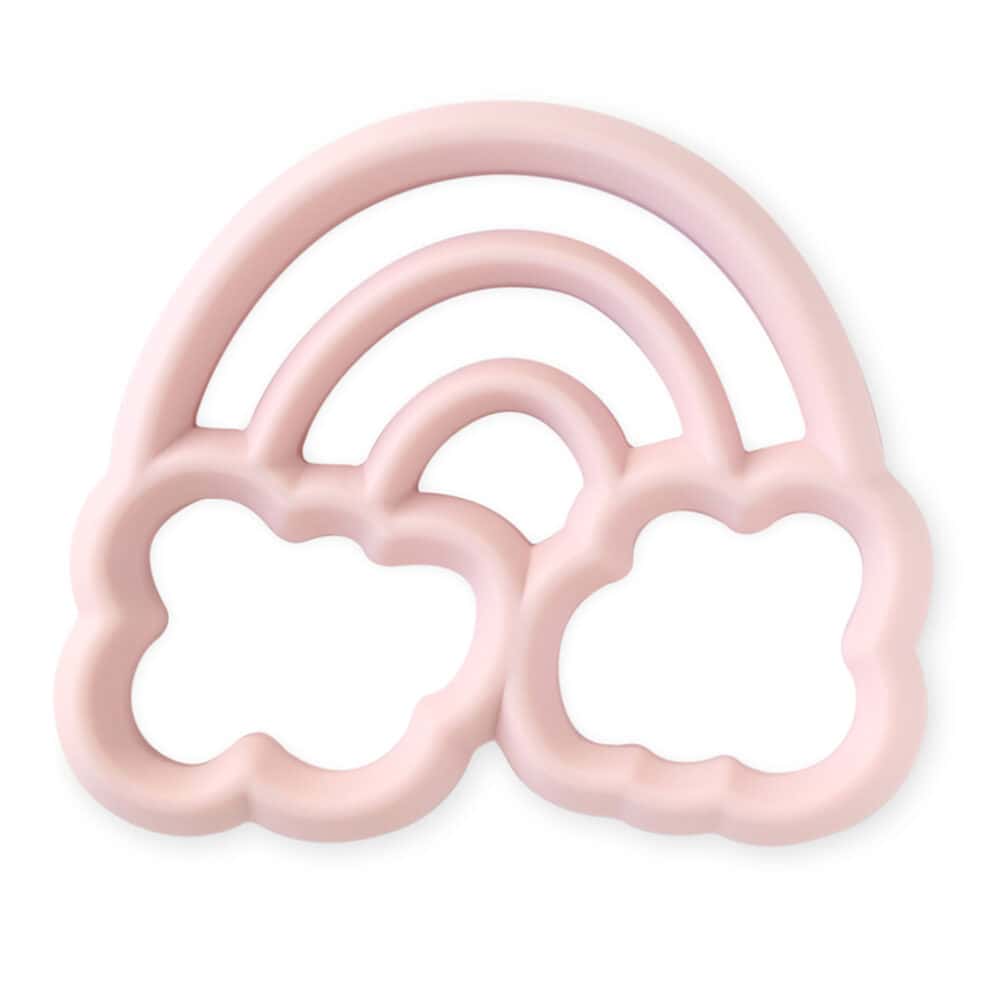 A pink cloud shaped teether with a rainbow in the middle.