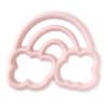 A pink cloud shaped teether with a rainbow in the middle.