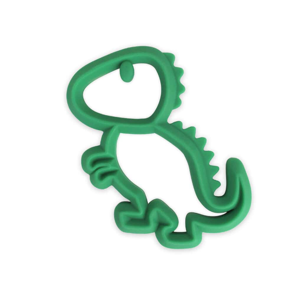 A green dinosaur shaped teether on a white background.