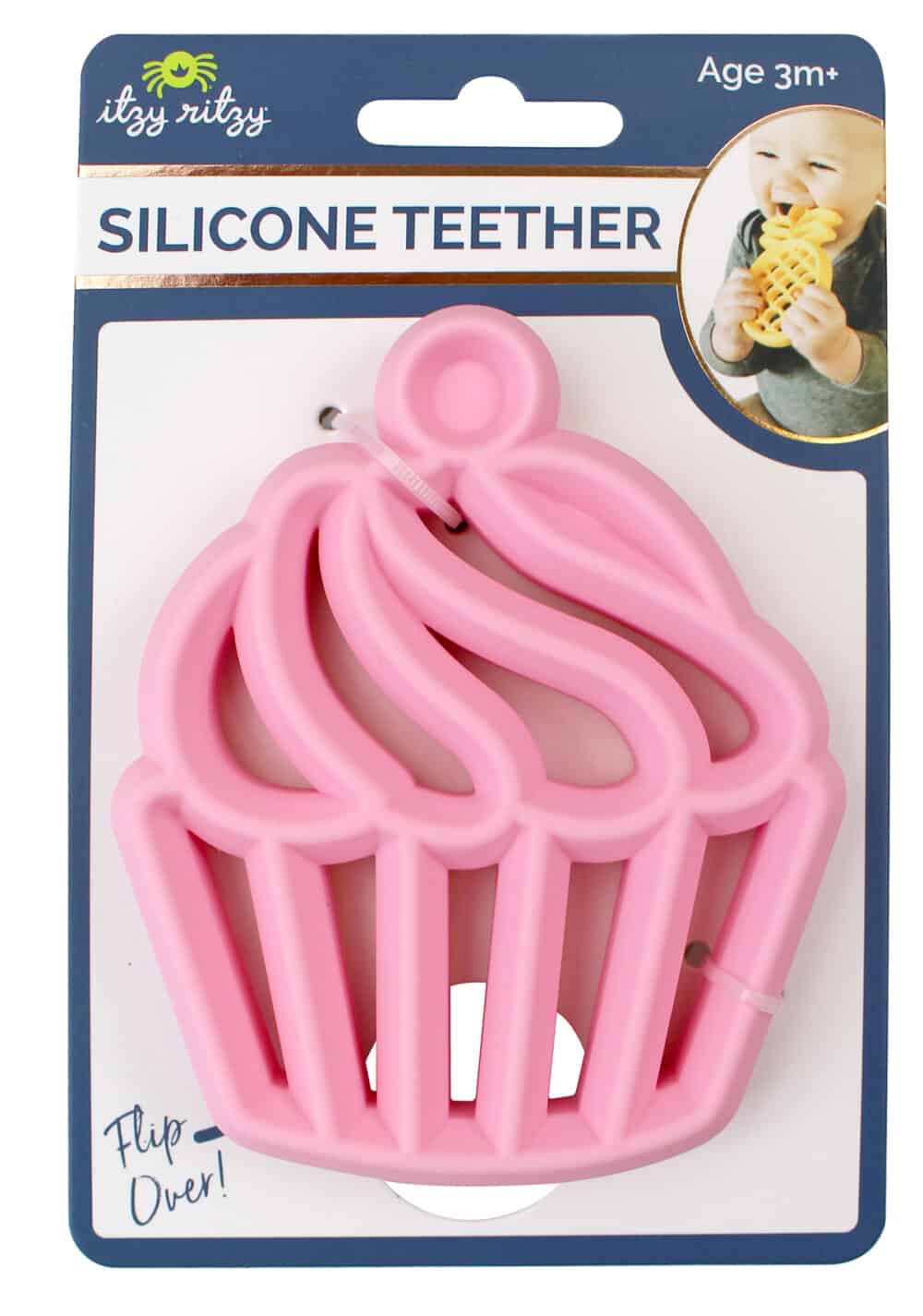 A pink silicone teether with a cupcake on it.