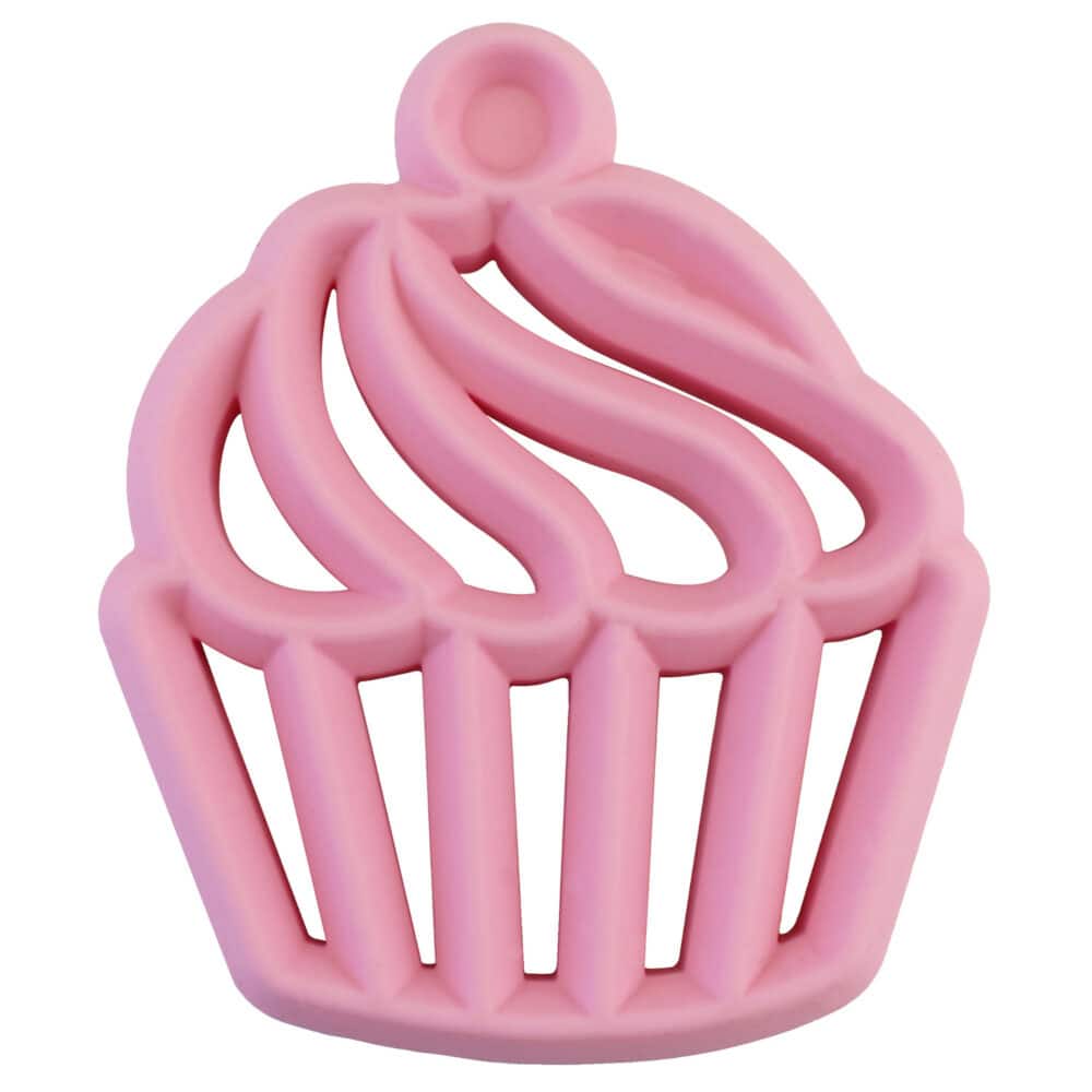 A pink cupcake shaped teether on a white background.