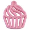 A pink cupcake shaped teether on a white background.