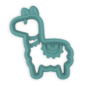 A teal llama shaped teether on a white background.