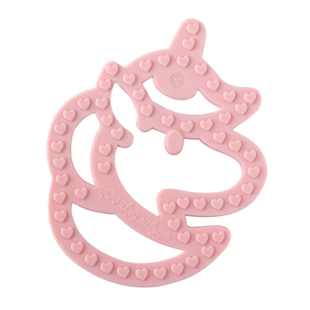A pink unicorn shaped teether on a white background.