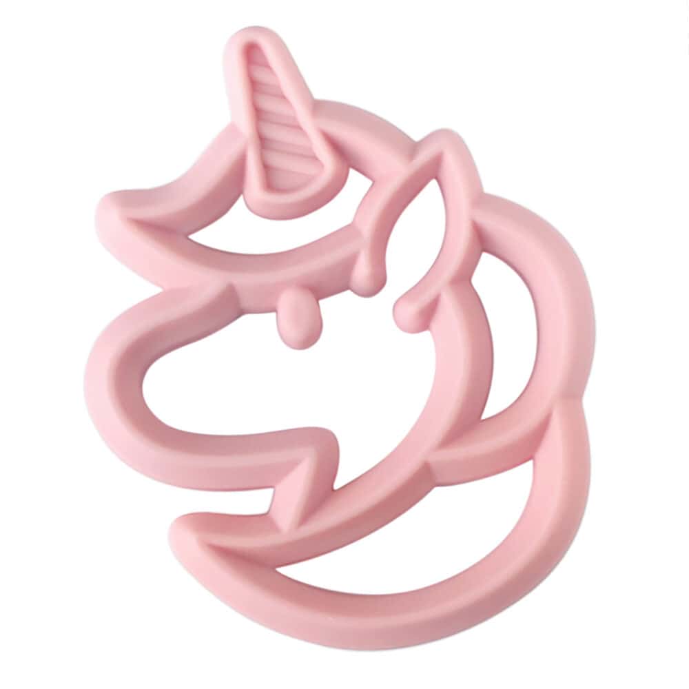 A pink unicorn shaped teether on a white background.