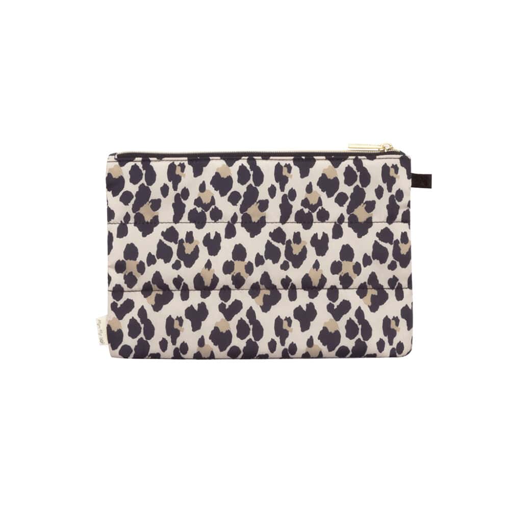 A leopard print Itzy Ritzy Pack Like A Dream Packing Cubes - Set of 3 with a gold zipper.