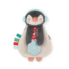 A plush penguin toy with red, green, and blue ribbon tags, wearing blue earmuffs and holding a blue snowflake teether.