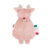 A plush toy resembling a deer, viewed from the back, with pink fur, small beige antlers, and colorful tags attached.