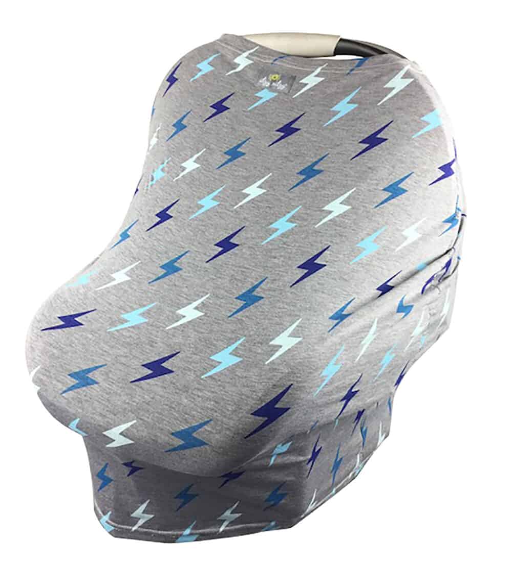 A grey and blue Mom Boss™ 4-IN-1 Multi-Use Nursing Cover & Scarf with lightning bolts.