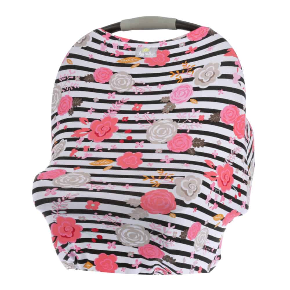 A black and white striped Mom Boss™ 4-IN-1 Multi-Use Nursing Cover & Scarf with roses.