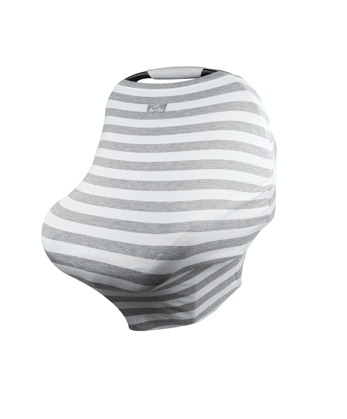 A grey and white striped Mom Boss™ 4-IN-1 Multi-Use Nursing Cover & Scarf.