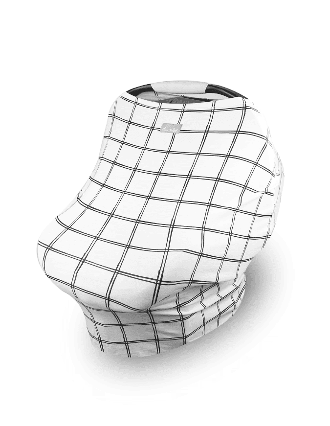 A black and white plaid Mom Boss™ 4-IN-1 Multi-Use Nursing Cover & Scarf baby car seat cover.
