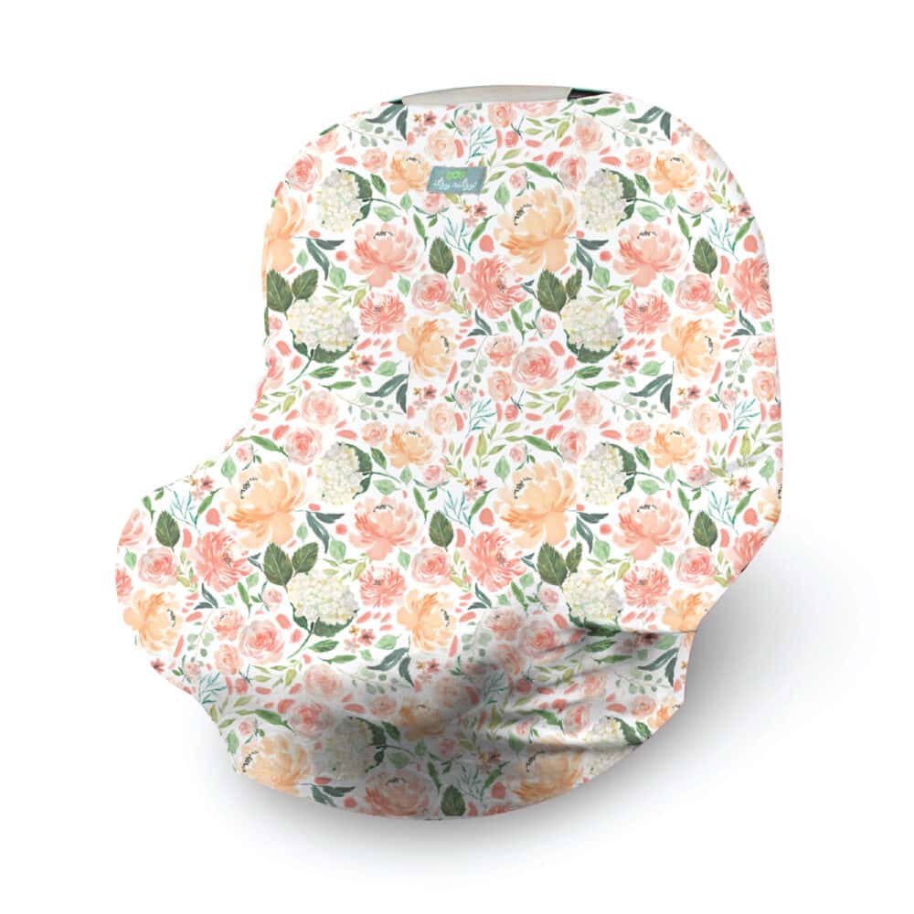 Peach floral Mom Boss™ 4-IN-1 Multi-Use Nursing Cover & Scarf car seat cover.