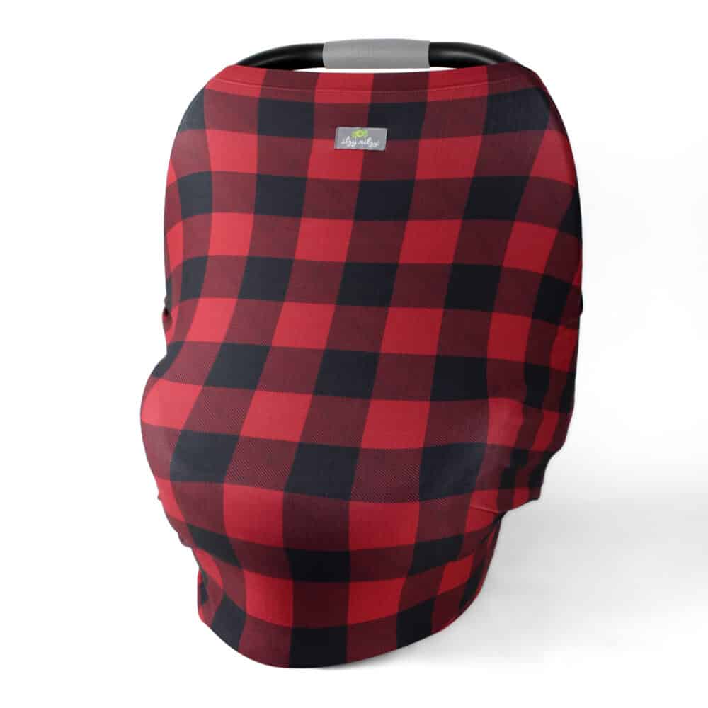 A red and black plaid Mom Boss™ 4-IN-1 Multi-Use Nursing Cover & Scarf.