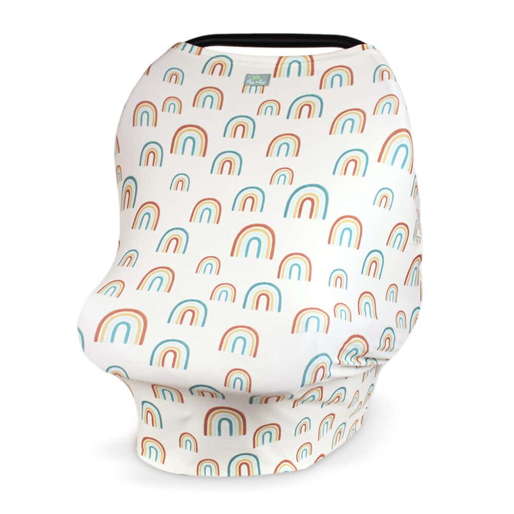 A white Mom Boss™ 4-IN-1 Multi-Use Nursing Cover & Scarf with rainbows on it.