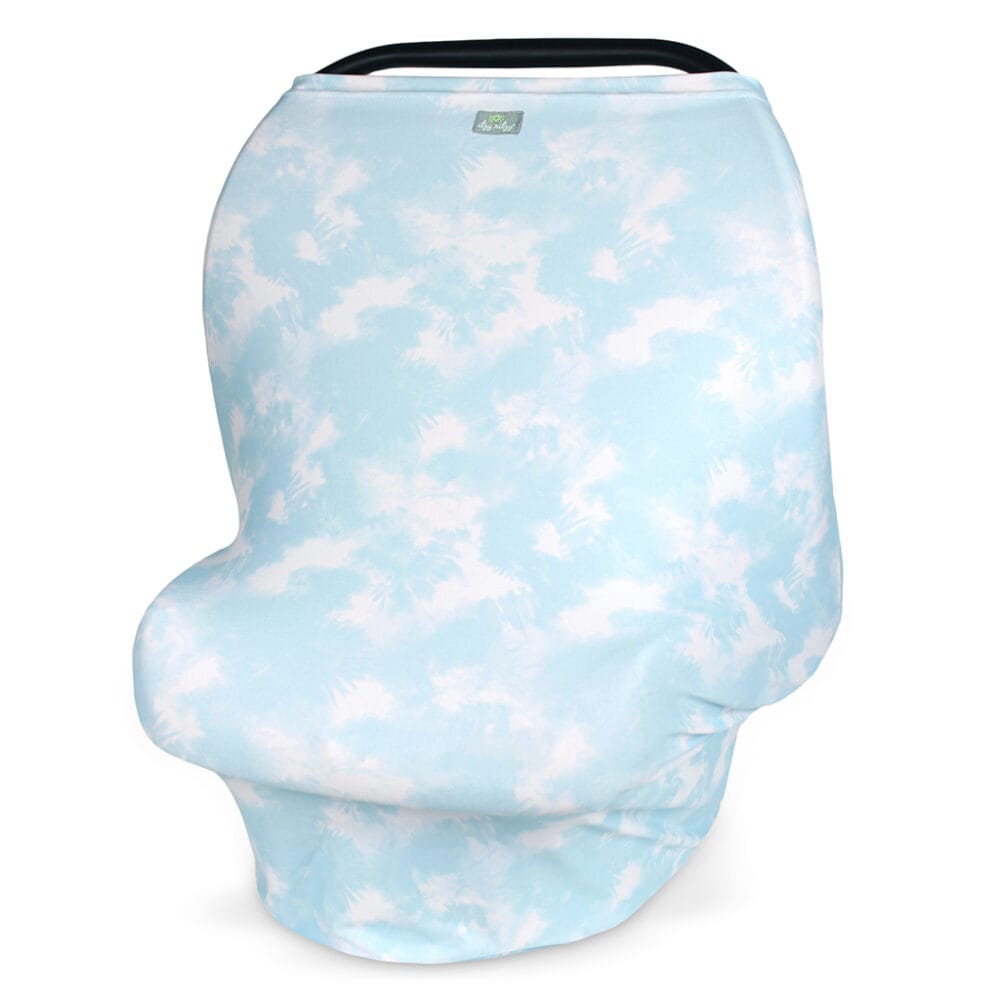 A blue Mom Boss™ 4-IN-1 Multi-Use Nursing Cover & Scarf with clouds on it.