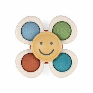 A sensory toy in the shape of a flower with five rounded petals, each featuring different textures and colors. The center is yellow with a smiling face.