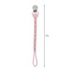 A 10-inch long pink beaded pacifier clip with a metal clasp at one end and a loop at the other.