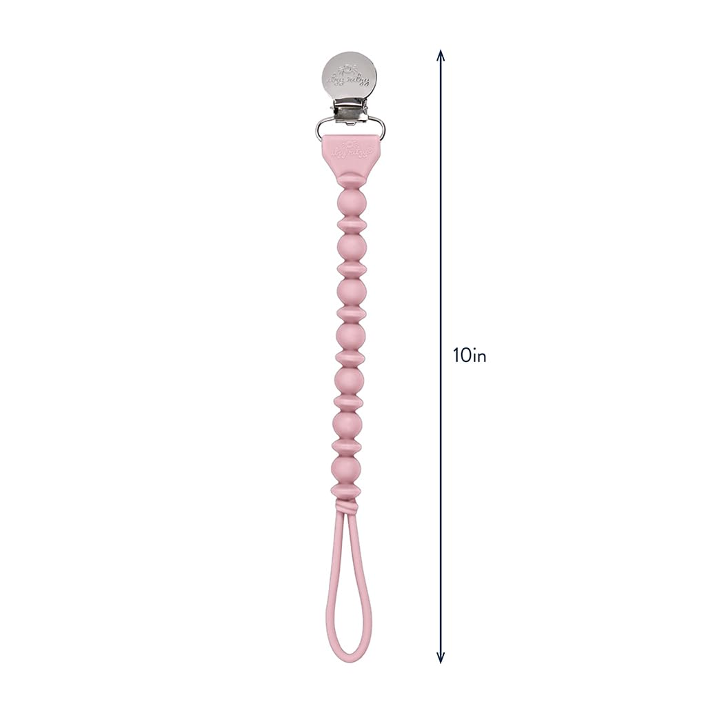 A 10-inch long pink beaded pacifier clip with a metal clasp at one end and a loop at the other.