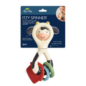 Itzy Ritzy Itzy Spinner sensory teething rattle in the Cow design