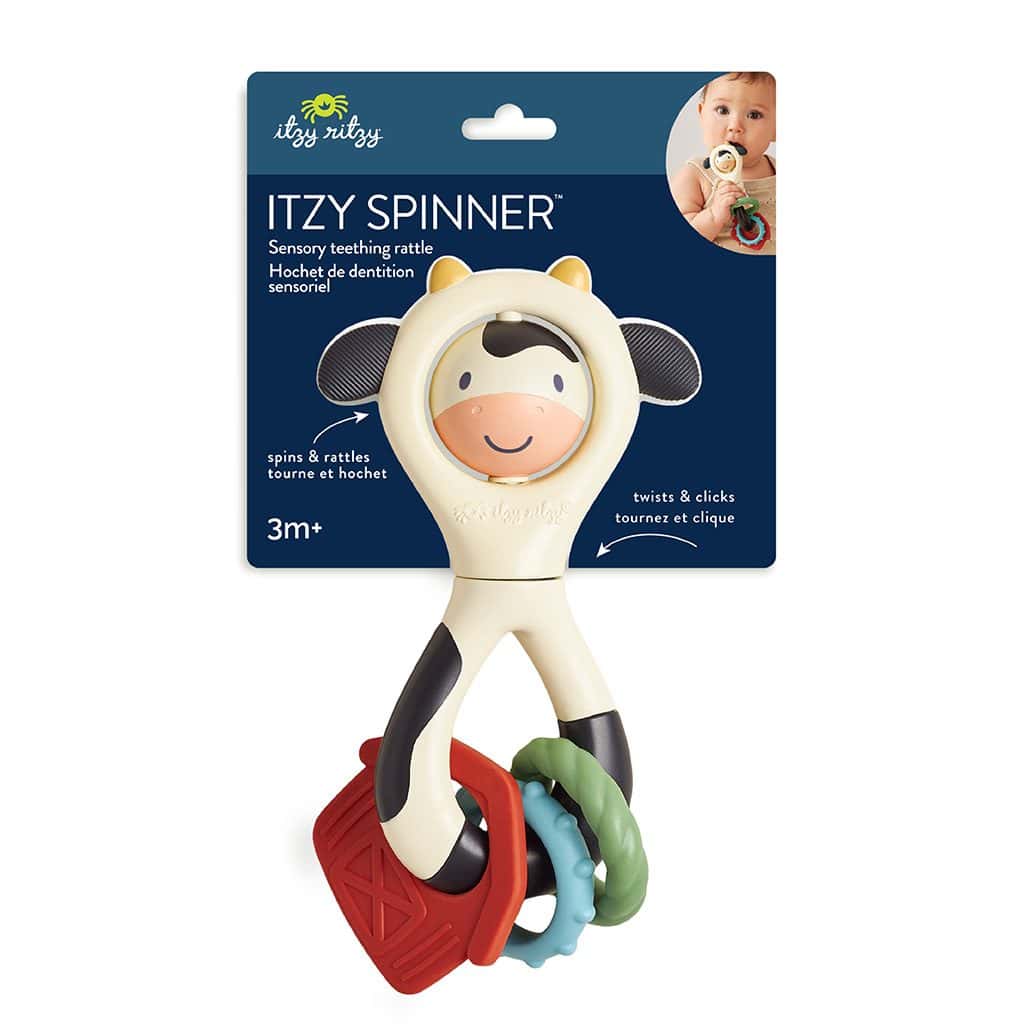 Itzy Ritzy Itzy Spinner sensory teething rattle in the Cow design Itzy Ritzy Itzy Spinner sensory teething rattle in the Cow design