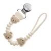 itzy-strap-plus-bear-01 Cream-colored pacifier clip with three bear faces, silicone beads, and a metal clasp at one end, with a loop at the other end for attaching a pacifier.