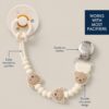 itzy-strap-plus-bear-03 Beige pacifier clip with bear-shaped beads, metal clip, and silicone strap. Labeled features: easy attachment, gentle on clothes, durable design. Text: “Works with most pacifiers.”.