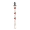 itzy-strap-plus-strawberry-01 A beaded pacifier clip with three strawberry-shaped decorations, a metal clip at one end, and a loop at the other end.