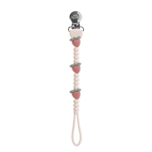 A beaded pacifier clip with three strawberry-shaped decorations, a metal clip at one end, and a loop at the other end.