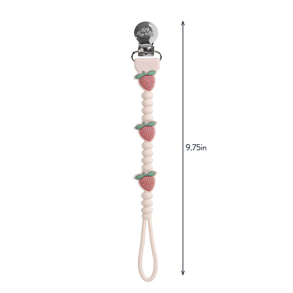 itzy-strap-plus-strawberry-04 A 9.75-inch pacifier clip with three strawberry designs, a metal clasp at the top, and a loop at the bottom.