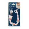 itzy-strap-plus-strawberry-05 Pink strawberry silicone pacifier strap with metal clip, shown in retail packaging. Package includes photo of baby using the product. Suitable for newborns and up.