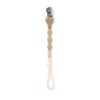 itzy-strap-plus-toast-01 Beige silicone pacifier clip with geometric beads and a metal clasp at the top.