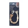 itzy-strap-plus-toast-02 A silicone pacifier clip called “Sweetie Strap Plus” by Itzy Ritzy is shown in beige tones, attached to retail packaging with a baby photo and product information.