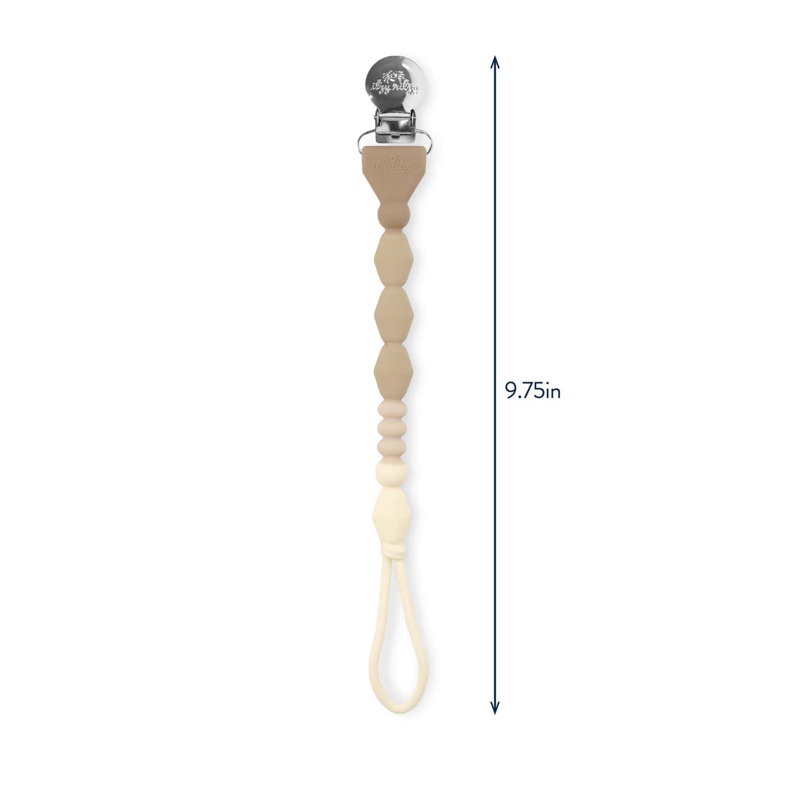 itzy-strap-plus-toast-03 Beige silicone pacifier clip with geometric bead design, metal clasp at one end, and loop at the other; length is 9.75 inches.