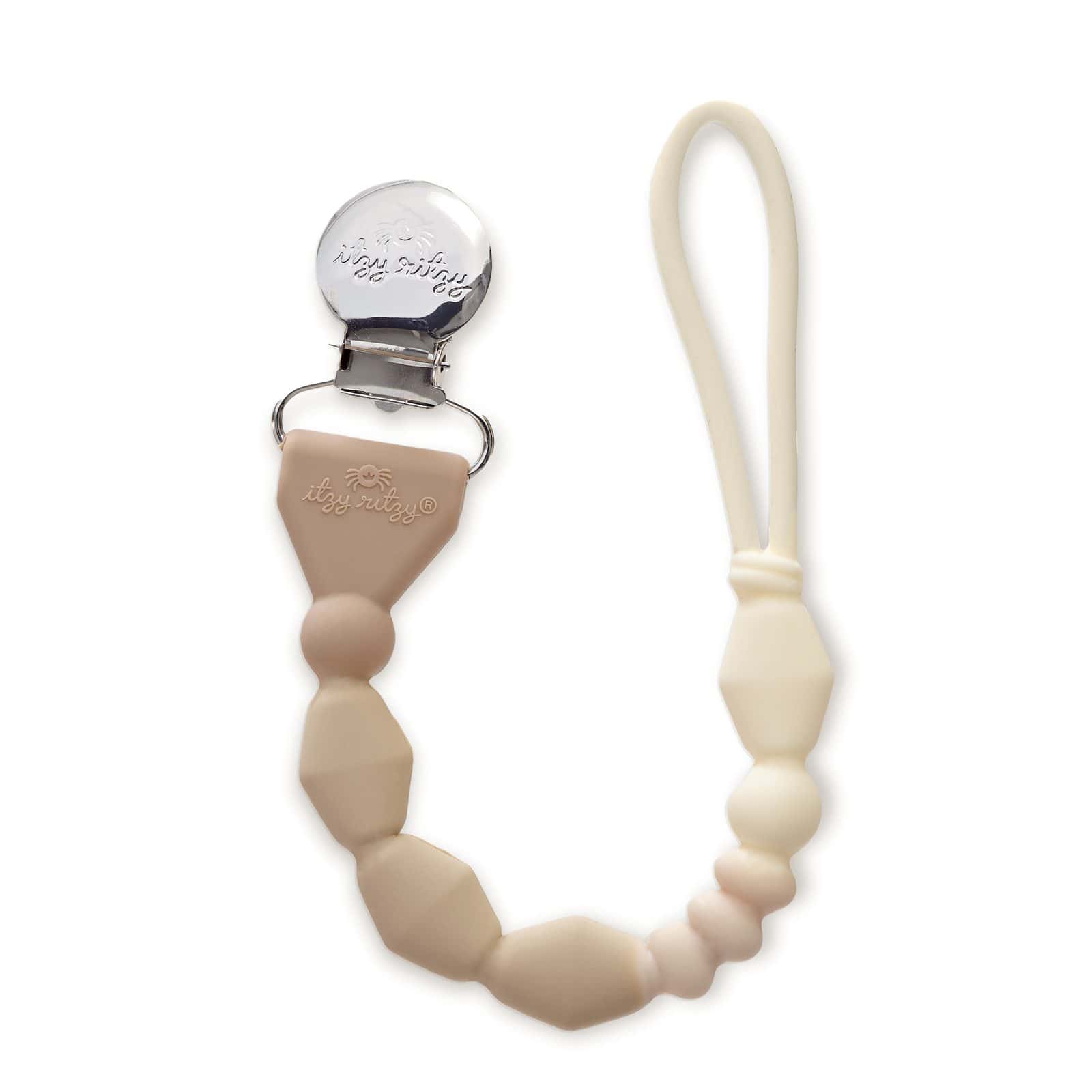 itzy-strap-plus-toast-04 Beige and cream silicone bead pacifier clip with a metal clasp and a looped strap for attaching a pacifier.