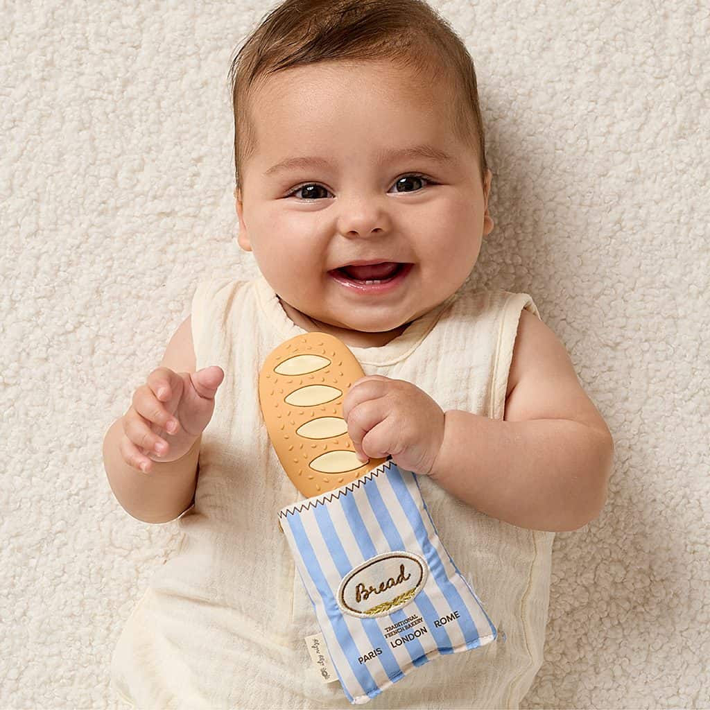 Itzy Ritzy Teensy Crinkle silicone sensory teether in the Baguette design Itzy Ritzy Teensy Crinkle silicone sensory teether in the Baguette design