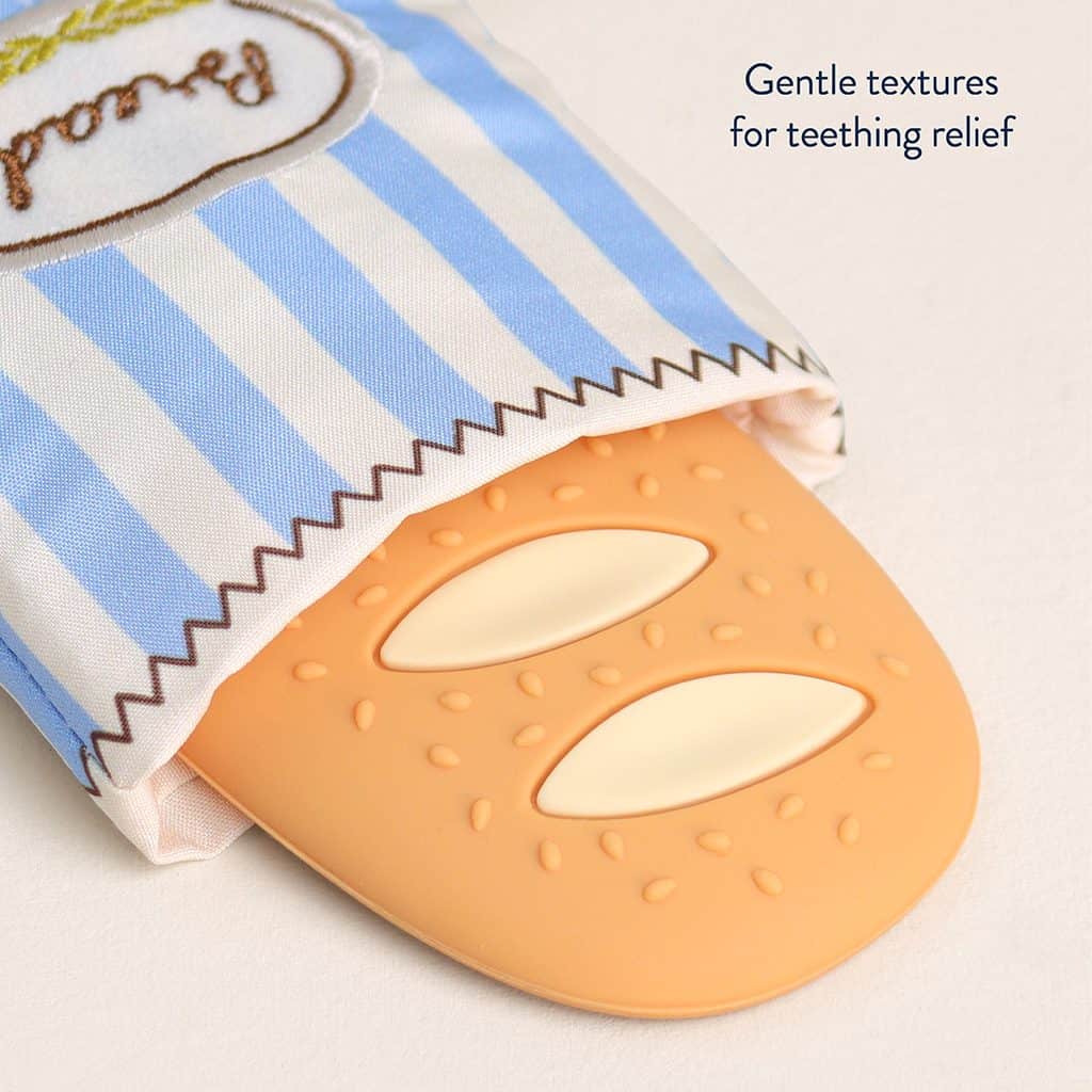 Itzy Ritzy Teensy Crinkle silicone sensory teether in the Baguette design Itzy Ritzy Teensy Crinkle silicone sensory teether in the Baguette design