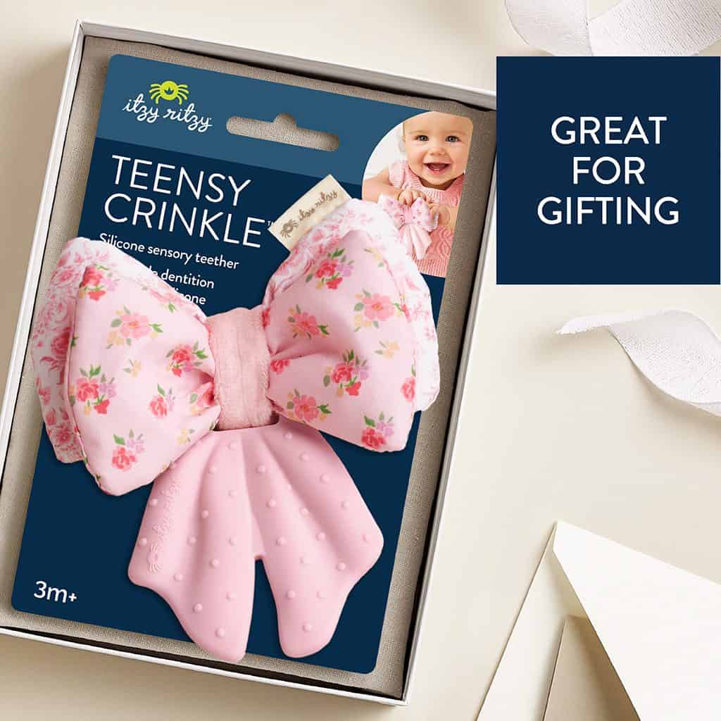 Itzy Ritzy Teensy Crinkle silicone sensory teether in the Bow design Itzy Ritzy Teensy Crinkle silicone sensory teether in the Bow design
