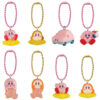 kirby-shokugan-1 Eight Kirby Mascot Shokugan Wave 1 Box Keychain Collection keychains are displayed in two rows, each attached to a pink or yellow beaded chain, featuring various poses and a pink car.