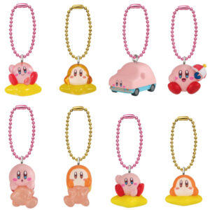 Eight Kirby Mascot Shokugan Wave 1 Box Keychain Collection keychains are displayed in two rows, each attached to a pink or yellow beaded chain, featuring various poses and a pink car.