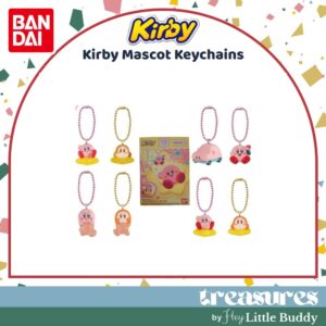 A set of six Kirby Mascot Shokugan Wave 1 Box keychains, featuring Kirby and other characters, displayed around the product box with Bandai and Treasures branding.
